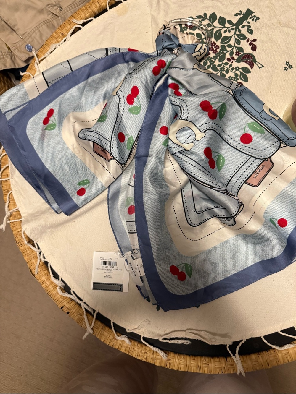 Coach Blue and Cream Silk Scarf with Cherry Motif - Picture 6 of 7